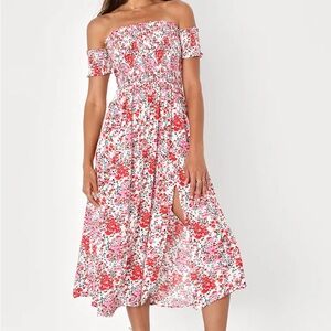 Lulu's View from the Meadow Cream Floral Print Off-the-Shoulder Dress